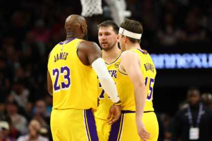 Luka Doncic, Austin Reaves, and LeBron James Los Angeles Lakers