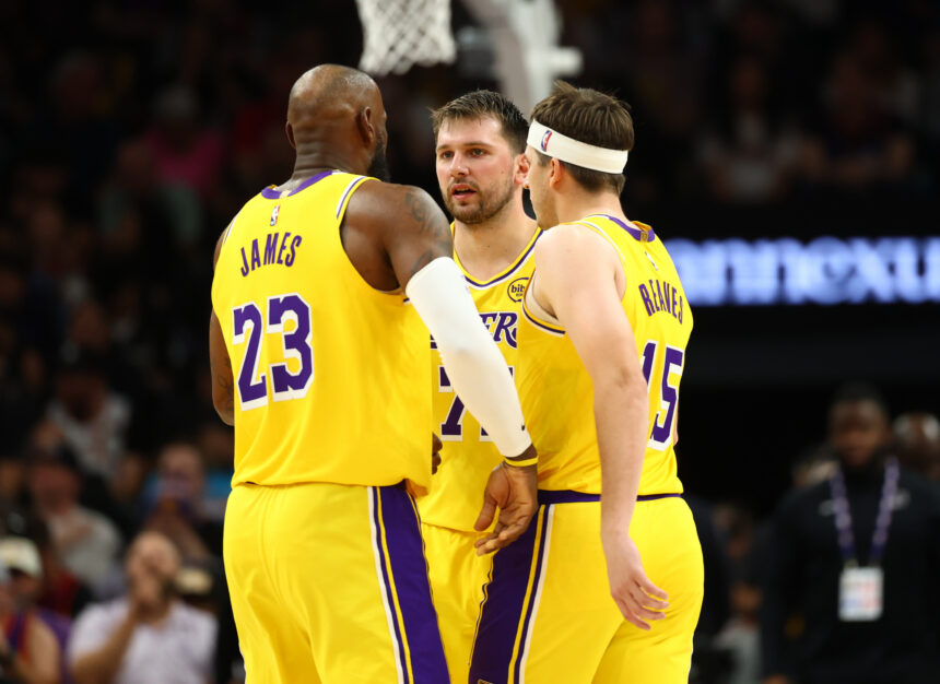 Luka Doncic, LeBron James, and Austin Reaves Los Angeles Lakers